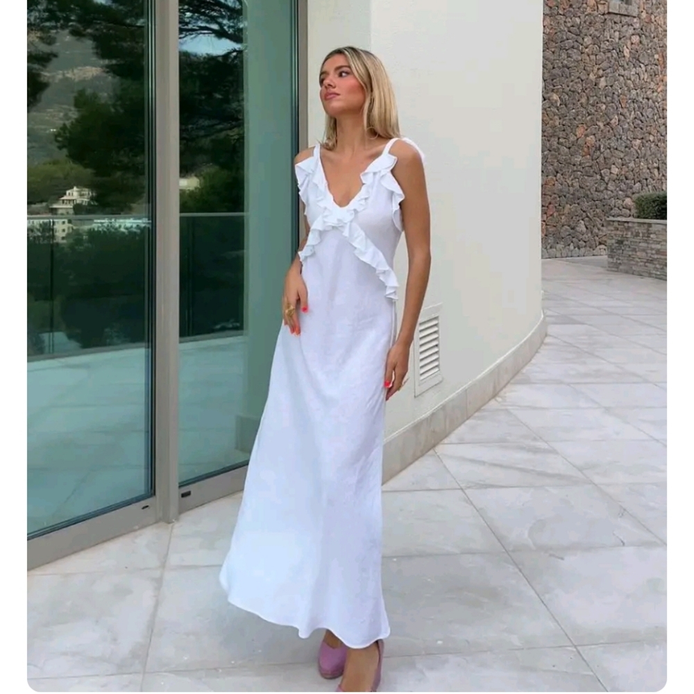 Zara White Midi Dress with Ruffle Detail